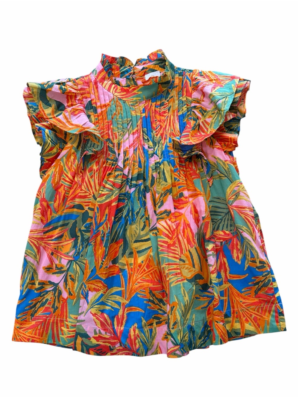 J.Marie Paloma Pleated Tropical Print Ruffle Sleeve Top